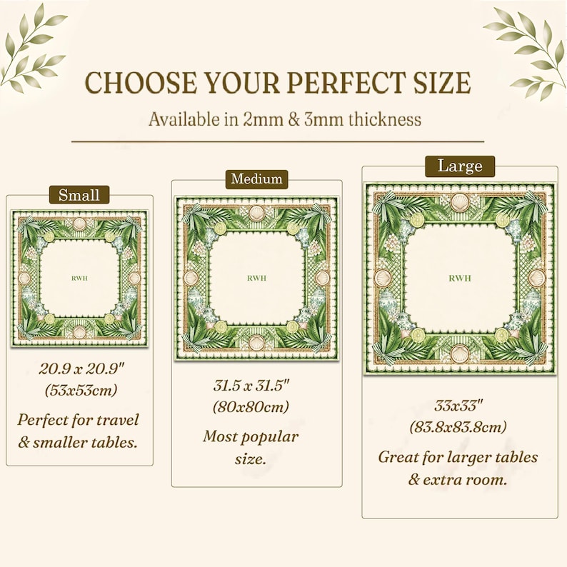 K&ouml;nnte beinhalten: Ein Gr&ouml;&szlig;enleitfaden f&uuml;r quadratische Matten mit drei Optionen: Small, Medium und Large. Die Ma&szlig;e betragen 53 x 53 cm, 80 x 80 cm und 83,8 x 83,8 cm. Jede Matte hat einen gr&uuml;nen botanischen Rand und das Textk&uuml;rzel RWH in der Mitte.