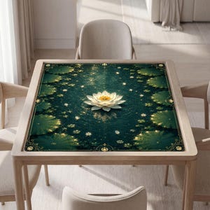 May include: A square wooden table featuring a tabletop surface with a dark green water design, scattered lily pads, and a central white lotus flower. The border is decorated with gold filigree patterns at the corners and edges.