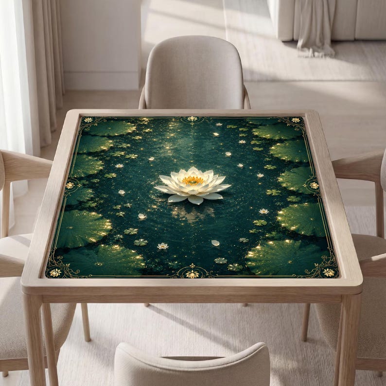 May include: A square wooden table featuring a tabletop surface with a dark green water design, scattered lily pads, and a central white lotus flower. The border is decorated with gold filigree patterns at the corners and edges.