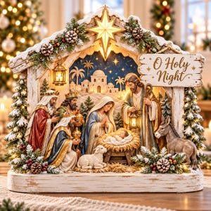Könnte beinhalten: Eine dekorative Weihnachtskrippe mit einem Holzstall, einem Stern an der Spitze, schneebedeckten Tannenzweigen und einem Schild mit der Aufschrift O Holy Night. Das Set enthält Figuren der Heiligen Familie, der drei Weisen, eines Lamms und eines Esels.