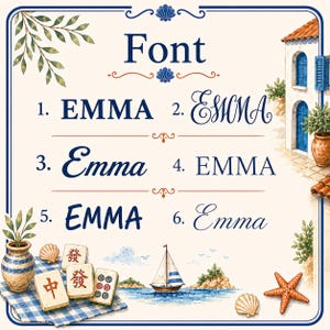 May include: A font selection chart displaying the name EMMA in six distinct styles. The graphic features a coastal theme with illustrations of a Mediterranean building, a sailboat, seashells, a starfish, and mahjong tiles on a blue checkered cloth.