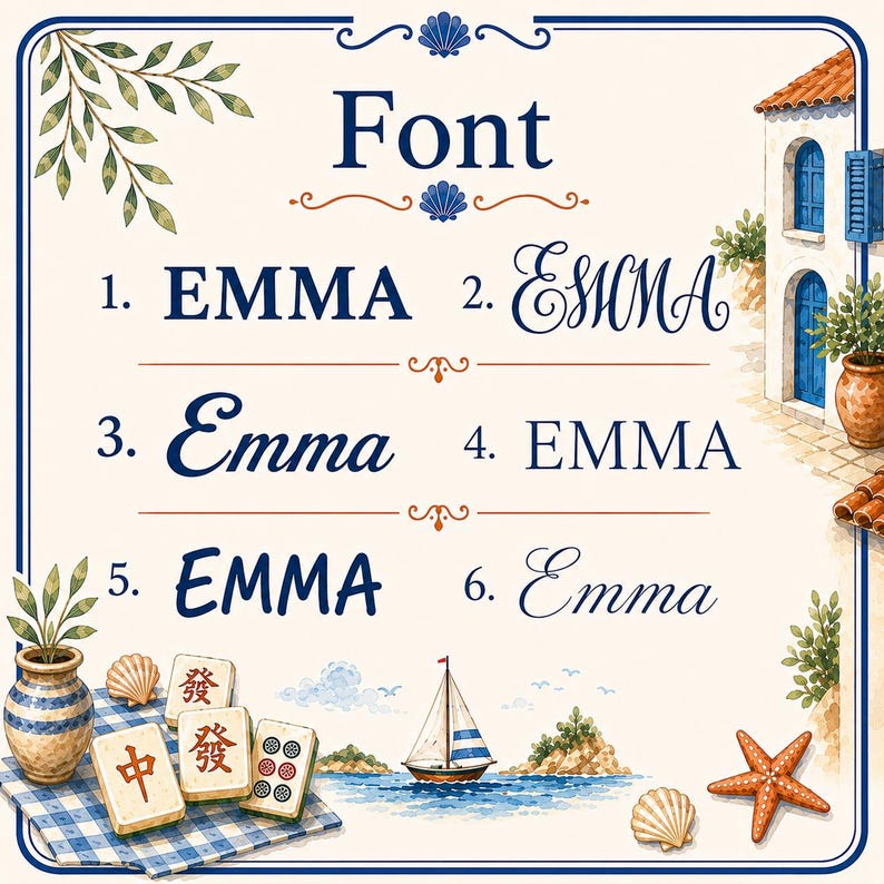 May include: A font selection chart displaying the name EMMA in six distinct styles. The graphic features a coastal theme with illustrations of a Mediterranean building, a sailboat, seashells, a starfish, and mahjong tiles on a blue checkered cloth.