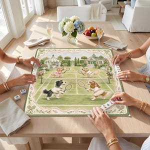 May include: A rectangular game board featuring a colourful illustration of four dogs playing tennis on a court, surrounded by a decorative border with tennis rackets. The board is placed on a wooden table with mahjong tiles and napkins.