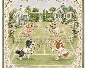 Tennis Hund Mahjong Matte, Preppy Country Club Spielmatte, Cottagecore Welpen Tischdecke für Mahjong Nacht