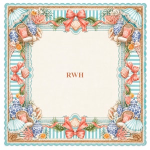 May include: A square decorative textile featuring a cream center with the letters RWH in orange. The border displays a coastal theme with blue and white striped patterns, coral-colored bows, seashells, wicker chairs, blue and white vases, and umbrellas.