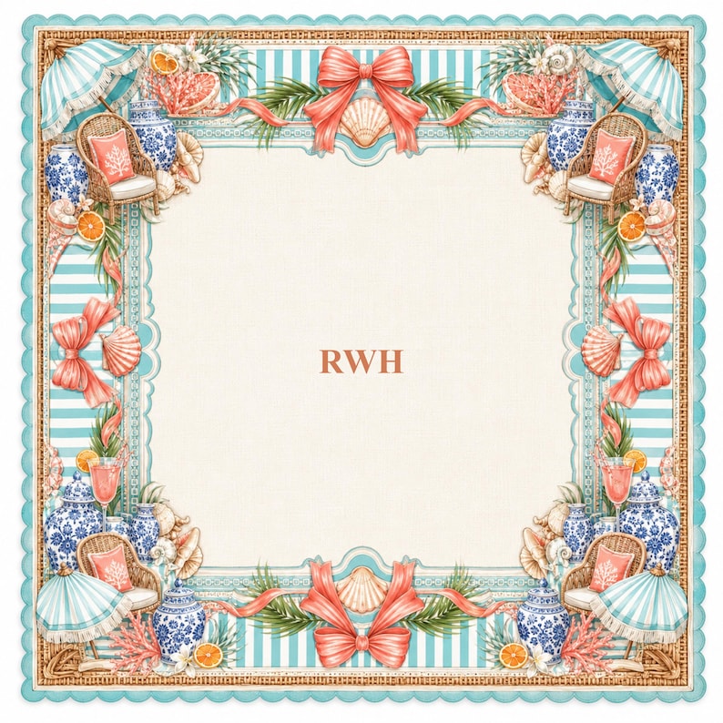 May include: A square decorative textile featuring a cream center with the letters RWH in orange. The border displays a coastal theme with blue and white striped patterns, coral-colored bows, seashells, wicker chairs, blue and white vases, and umbrellas.