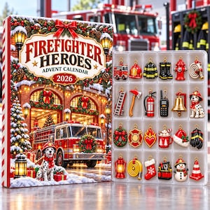 May include: A Firefighter Heroes 2026 advent calendar featuring a box with a fire station scene and a Dalmatian, alongside a clear plastic tray containing twenty-four miniature Christmas ornaments shaped like fire equipment, tools, and holiday items.