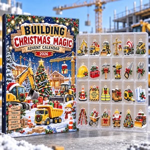May include: A Building Christmas Magic 2026 advent calendar featuring a construction-themed illustration with yellow trucks, a decorated tree, and a snowman. The set includes twenty-four individual construction-themed ornaments in a clear tray.