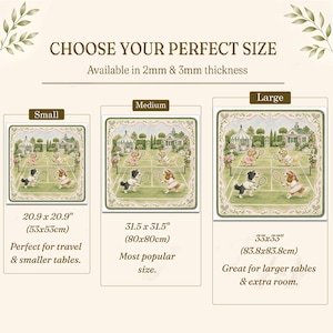 May include: A square table mat featuring a tennis court scene with four dogs in outfits holding rackets. The image displays three size options: Small at 53 x 53 cm, Medium at 80 x 80 cm, and Large at 83.8 x 83.8 cm, with 2mm and 3mm thickness options available.