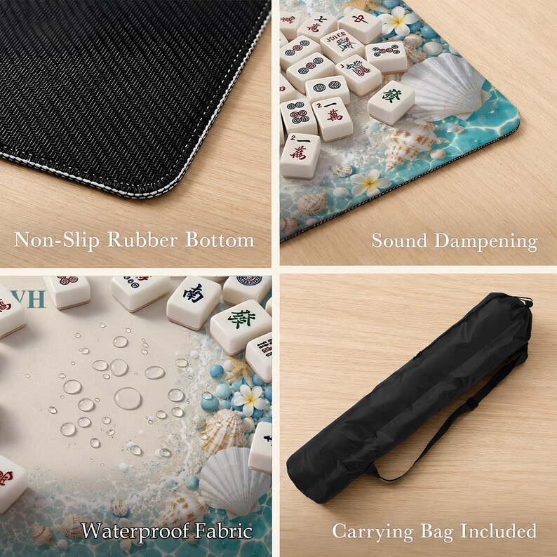 Puede incluir: Una alfombrilla de mahjong rectangular con estampado de playa, conchas y flores, base de goma negra antideslizante, propiedades de amortiguaci&oacute;n de sonido, tela impermeable y una bolsa de transporte negra con correa ajustable.