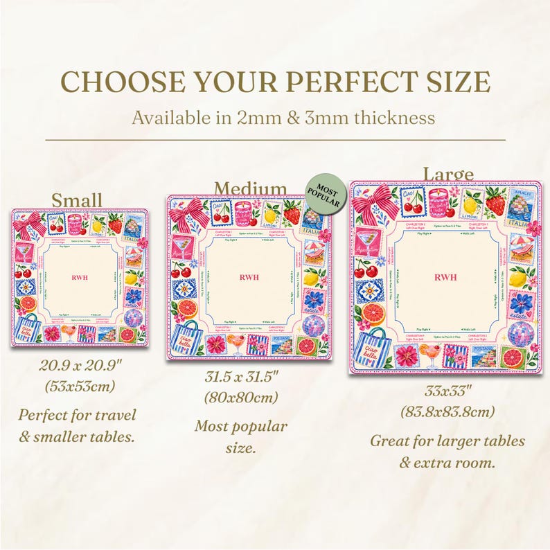 May include: Three square tablecloths in small, medium, and large sizes with a cream center featuring the initials RWH. The borders display colorful illustrations of cherries, lemons, flowers, cocktails, and tote bags. Sizes are 20.9 x 20.9 inches, 31.5 x 31.5 inches, and 33 x 33 inches.