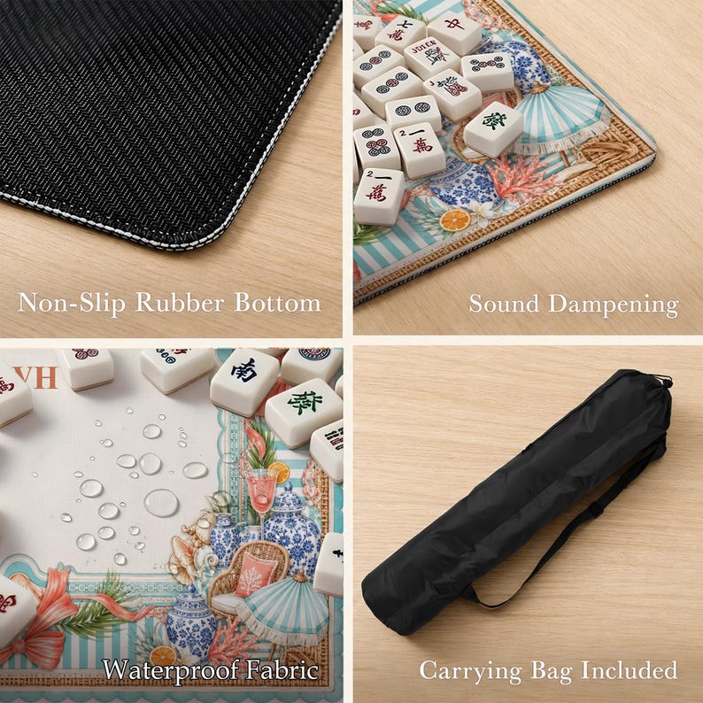 May include: A mahjong mat featuring a blue and white striped pattern with decorative illustrations of vases, umbrellas, and coral. The mat has a non-slip rubber bottom, sound dampening properties, waterproof fabric, and includes a black carrying bag.