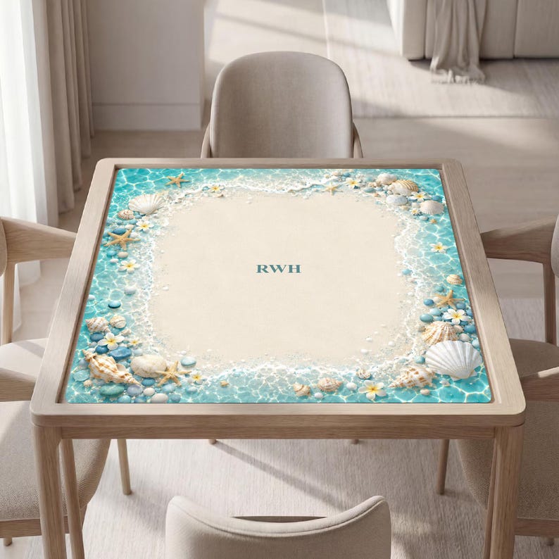 Puede incluir: Una mesa cuadrada con un dise&ntilde;o de tablero que muestra una orilla de playa arenosa con agua turquesa, espuma blanca, conchas marinas dispersas, estrellas de mar y peque&ntilde;as flores blancas. El centro de la arena muestra las letras RWH.