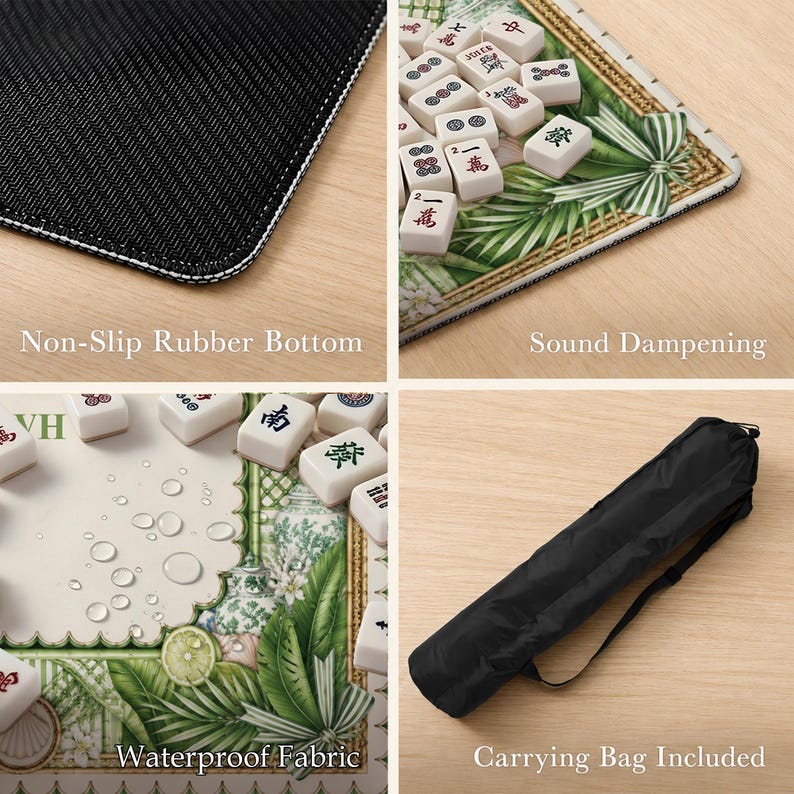 K&ouml;nnte beinhalten: Eine Mahjong-Matte mit gr&uuml;nem botanischem Druck, rutschfester schwarzer Gummir&uuml;ckseite, schalld&auml;mpfenden Eigenschaften und wasserfester Stoffoberfl&auml;che. Das Set enth&auml;lt eine schwarze Tragetasche mit einem Trageriemen.