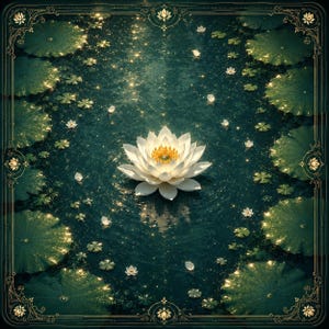 May include: A single white lotus flower with a yellow center floats on dark, shimmering water surrounded by numerous green lily pads. The scene is framed by a decorative gold border featuring intricate floral motifs at each corner and side.