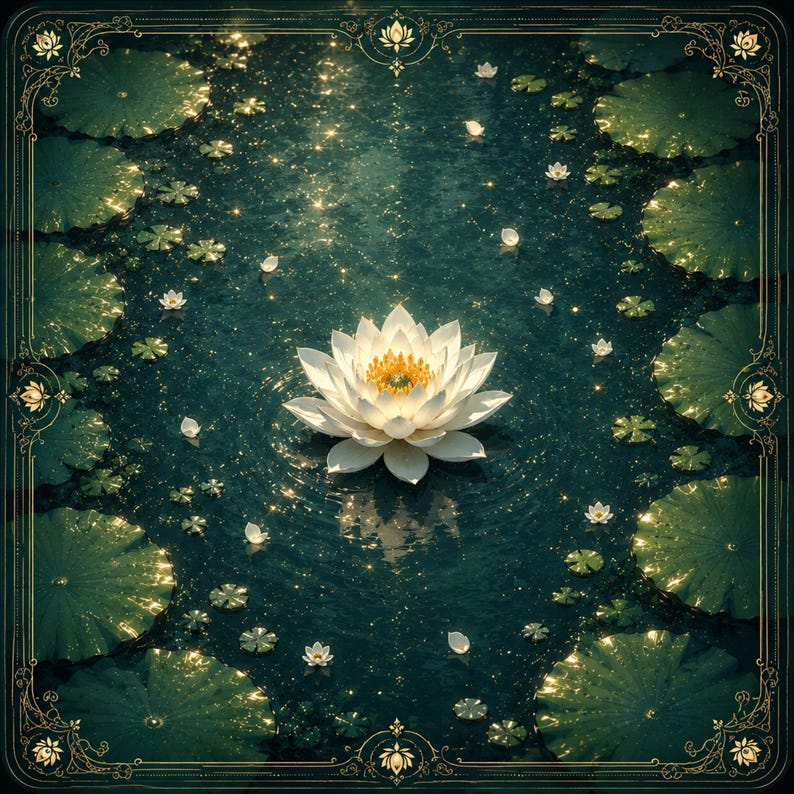 May include: A single white lotus flower with a yellow center floats on dark, shimmering water surrounded by numerous green lily pads. The scene is framed by a decorative gold border featuring intricate floral motifs at each corner and side.