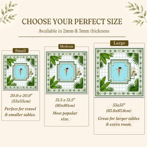 May include: A size guide for a square table mat featuring a pool scene with a person swimming, surrounded by green palm leaves. It displays three sizes: Small at 20.9 x 20.9 inches, Medium at 31.5 x 31.5 inches, and Large at 33 x 33 inches, with 2mm and 3mm thickness options.