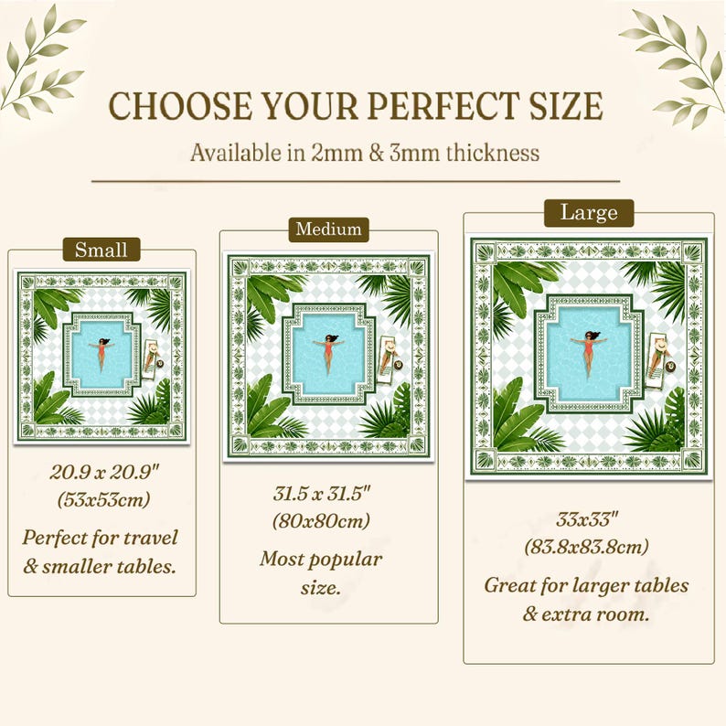 May include: A size guide for a square table mat featuring a pool scene with a person swimming, surrounded by green palm leaves. It displays three sizes: Small at 20.9 x 20.9 inches, Medium at 31.5 x 31.5 inches, and Large at 33 x 33 inches, with 2mm and 3mm thickness options.