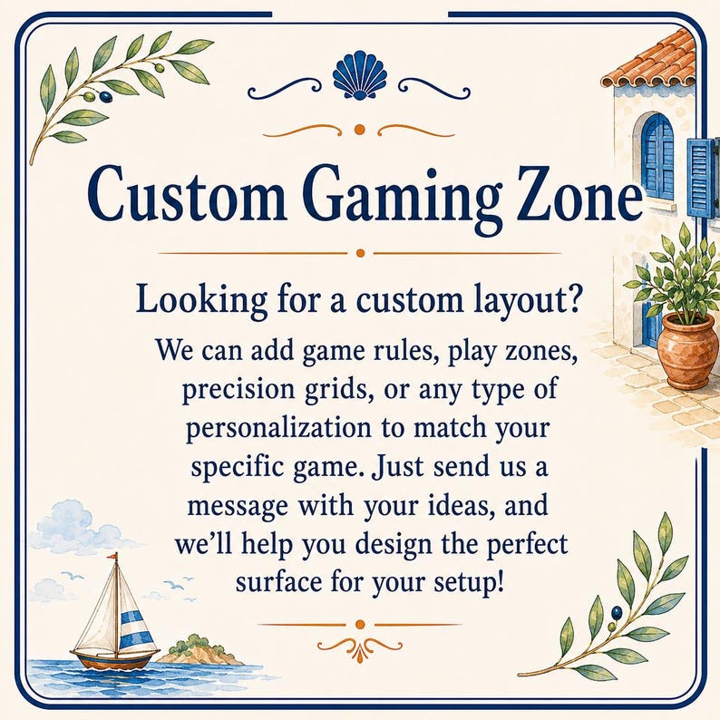 K&ouml;nnte beinhalten: Ein rechteckiges Schild mit cremefarbenem Hintergrund und dunkelblauem Rand mit dem Text Custom Gaming Zone. Das Design enth&auml;lt Illustrationen eines mediterranen Geb&auml;udes, eines Segelboots und Olivenzweigen. Es bietet individuelle Spiellayouts an.