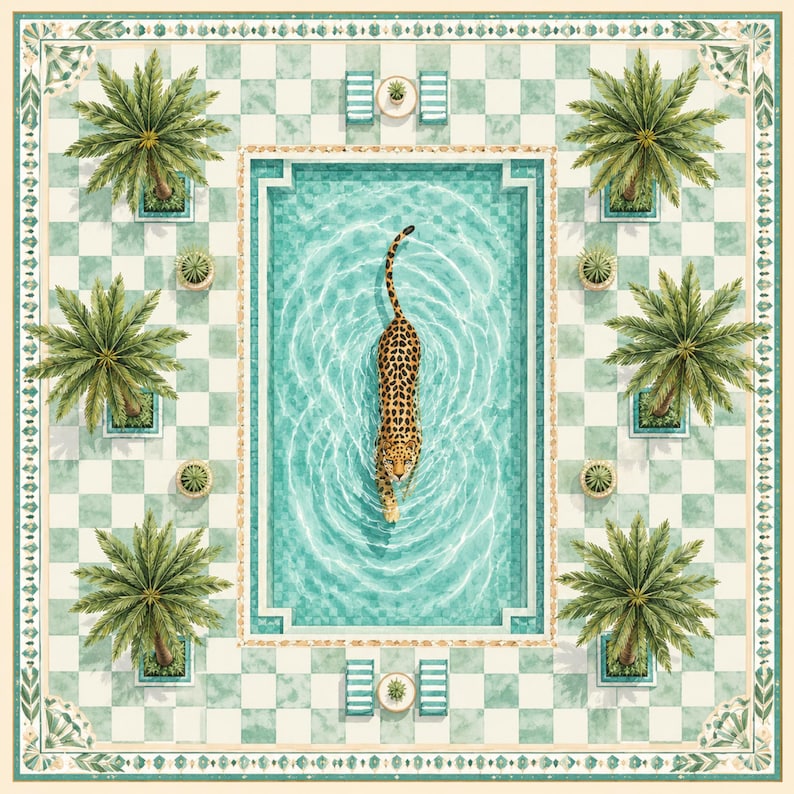 K&ouml;nnte beinhalten: Ein quadratisches Dekotuch mit einer Draufsicht-Illustration eines Leoparden, der in einem rechteckigen t&uuml;rkisfarbenen Pool schwimmt. Der Pool ist von einer gr&uuml;n-wei&szlig;en Schachbrett-Terrasse mit sechs Palmen, vier Kakteen und zwei St&uuml;hlen umgeben.