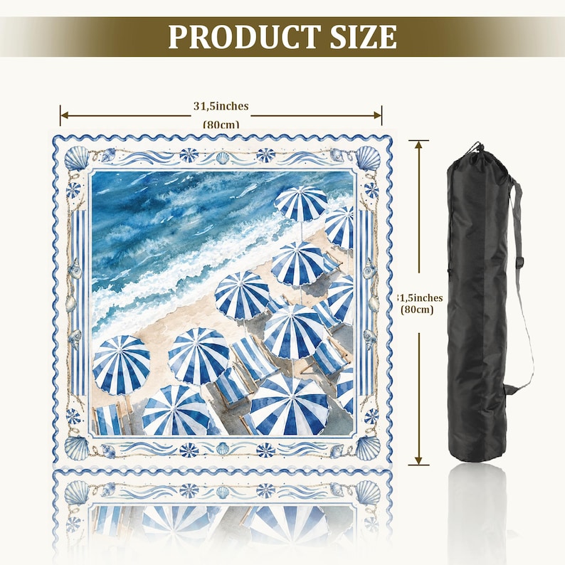 May include: A square beach towel featuring a watercolor print of blue and white striped umbrellas on a sandy shore with ocean waves. The towel measures 31.5 inches by 31.5 inches and includes a black carrying bag with a shoulder strap.