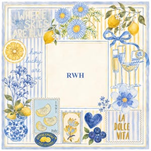 May include: A square decorative print featuring a central cream panel with the letters RWH. The border displays watercolor illustrations of blue flowers, yellow lemons, champagne glasses, a blue heart, blueberries, and text including WHERE SKIES ARE BLUE, how lucky are we, 1991 Italy, Ottolenghi Test Kitchen, and LA DOLCE VITA.