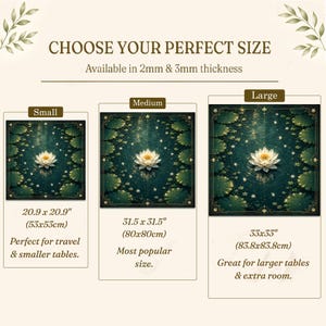 May include: A square mat featuring a white lotus flower on a dark green water surface with lily pads. Three sizes are shown: Small 20.9 x 20.9 inches, Medium 31.5 x 31.5 inches, and Large 33 x 33 inches. The product is available in 2mm and 3mm thickness.