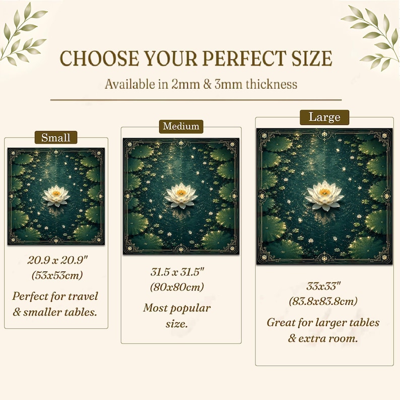 May include: A square mat featuring a white lotus flower on a dark green water surface with lily pads. Three sizes are shown: Small 20.9 x 20.9 inches, Medium 31.5 x 31.5 inches, and Large 33 x 33 inches. The product is available in 2mm and 3mm thickness.