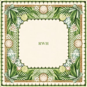 K&ouml;nnte beinhalten: Ein quadratischer dekorativer Rahmen mit einer cremefarbenen, gewellten Mitte und den gr&uuml;nen Buchstaben RWH. Der Rand zeigt gr&uuml;ne Palmbl&auml;tter, wei&szlig;e Bl&uuml;ten, Zitronenscheiben, blau-wei&szlig;e Ingwert&ouml;pfe, Muscheln und gestreifte Schleifen auf Bambus.