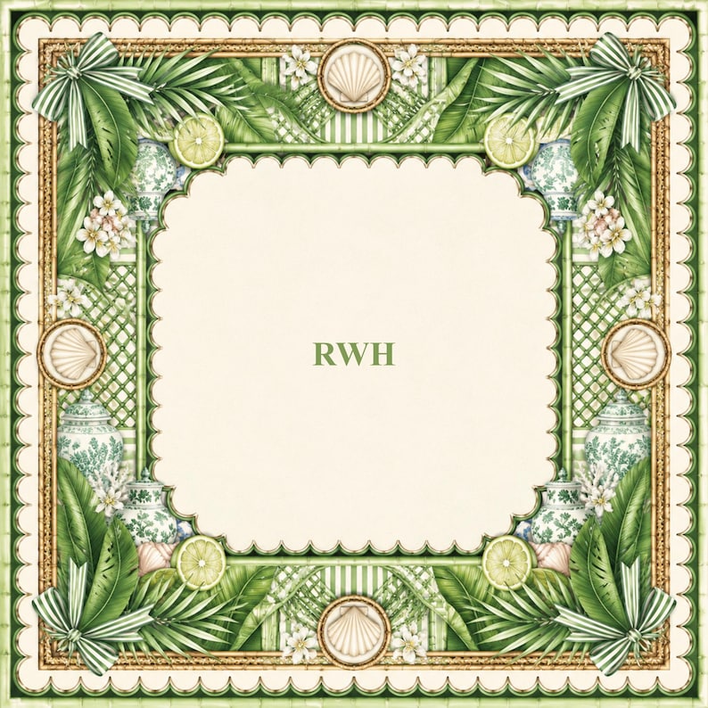 K&ouml;nnte beinhalten: Ein quadratischer dekorativer Rahmen mit einer cremefarbenen, gewellten Mitte und den gr&uuml;nen Buchstaben RWH. Der Rand zeigt gr&uuml;ne Palmbl&auml;tter, wei&szlig;e Bl&uuml;ten, Zitronenscheiben, blau-wei&szlig;e Ingwert&ouml;pfe, Muscheln und gestreifte Schleifen auf Bambus.