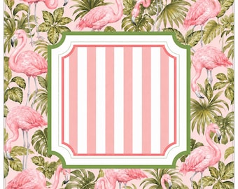 May include: A square mat featuring a repeating pattern of pink flamingos and green tropical palm leaves surrounding a central rectangular frame. The frame has a thick olive green border and contains a vertical pattern of light pink and white stripes.