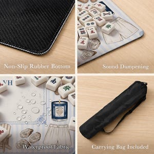 May include: A rectangular mahjong mat featuring a light blue striped pattern with illustrations of oysters, shorts, and a candle. The mat has a non-slip black rubber bottom, sound-dampening properties, waterproof fabric, and comes with a black carrying bag.