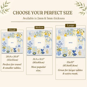 May include: A size guide for square tablecloths featuring a blue and yellow lemon and floral pattern with the text RWH. Three sizes are shown: Small at 20.9 x 20.9 inches, Medium at 31.5 x 31.5 inches, and Large at 33 x 33 inches, with 2mm and 3mm thickness options.