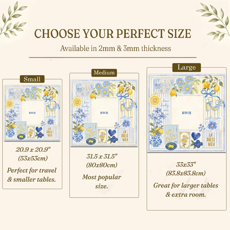 May include: A size guide for square tablecloths featuring a blue and yellow lemon and floral pattern with the text RWH. Three sizes are shown: Small at 20.9 x 20.9 inches, Medium at 31.5 x 31.5 inches, and Large at 33 x 33 inches, with 2mm and 3mm thickness options.