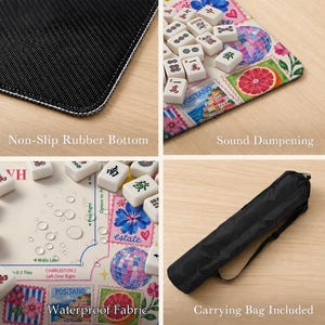 May include: A mahjong mat featuring a colorful collage of stamps, disco balls, and floral patterns, with a non-slip rubber bottom, sound-dampening properties, and waterproof fabric. The set includes a black carrying bag for storage and transport.