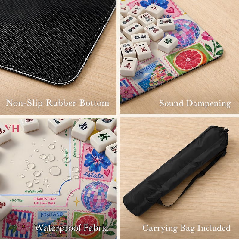 May include: A mahjong mat featuring a colorful collage of stamps, disco balls, and floral patterns, with a non-slip rubber bottom, sound-dampening properties, and waterproof fabric. The set includes a black carrying bag for storage and transport.