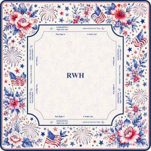 May include: A square mahjong mat featuring a patriotic red, white, and blue floral and firework border with American flags. The center is cream-colored with the letters RWH and game instructions including Charleston, Play Right, and Walls Left.