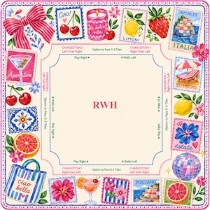 May include: A square Mahjong mat featuring a cream center with the letters RWH and game instructions. The border displays colorful illustrations of cherries, lemons, a strawberry, a disco ball, a striped tote bag, and Italian coastal scenes.