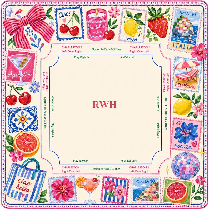 May include: A square Mahjong mat featuring a cream center with the letters RWH and game instructions. The border displays colorful illustrations of cherries, lemons, a strawberry, a disco ball, a striped tote bag, and Italian coastal scenes.
