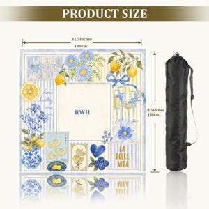 May include: A square decorative cloth featuring blue and yellow illustrations of lemons, flowers, and wine glasses with the text WHERE SKIES ARE BLUE, RWH, LA DOLCE VITA, and OTTOLENGHI. It measures 31.5 inches by 31.5 inches and includes a black carrying bag.