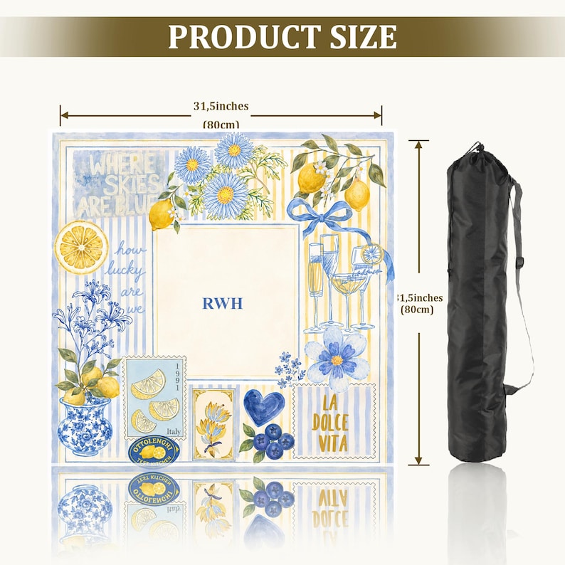 May include: A square decorative cloth featuring blue and yellow illustrations of lemons, flowers, and wine glasses with the text WHERE SKIES ARE BLUE, RWH, LA DOLCE VITA, and OTTOLENGHI. It measures 31.5 inches by 31.5 inches and includes a black carrying bag.