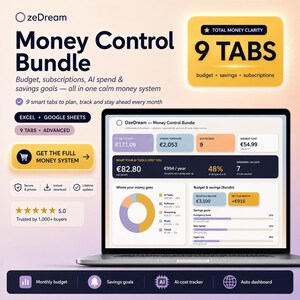 May include: A digital money control bundle for Excel and Google Sheets displayed on a laptop screen. The interface features a dashboard with financial metrics, a pie chart, and savings goals. Text includes Money Control Bundle, 9 Tabs, and Get The Full Money System. The design uses a soft gradient background with yellow and purple accents.