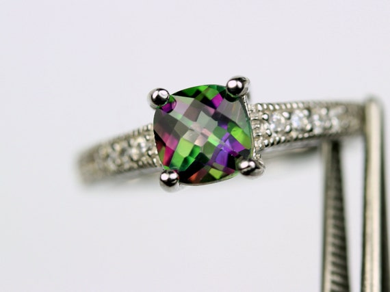 Unique Genuine Mystic Topaz in an Embossed and Accented Sterling Silver Setting