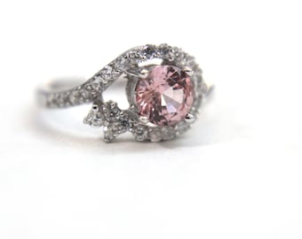 Unique Lab Created Morganite in a Crescent Halo Sterling Silver Setting