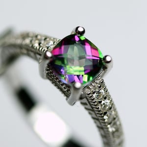 Unique Genuine Mystic Topaz in an Embossed and Accented Sterling Silver Setting
