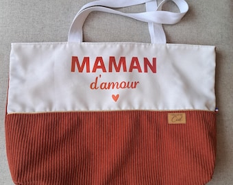 Tote bag Maman d'amour personnalisé/ Sac cabas femme fait main/ Cadeau fête des mères/ Sac velours côtelé et coton/ Sac maman