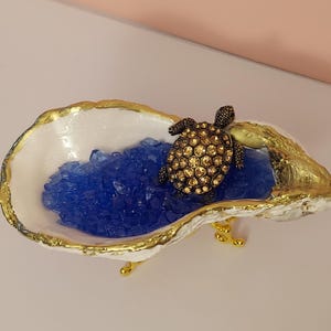 Handmade Oyster Shell Trinket Dish with Gold Colored Sea Turtle and Deep Blue Crushed Glass Water Mosaic