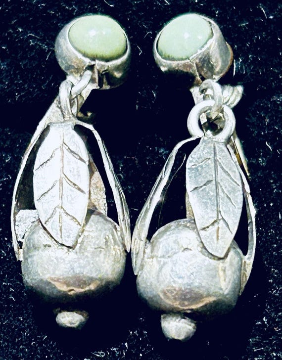 Vintage Mexican Sterling Leaf With Dangling Fruit Earrings Jade Post Cabochon