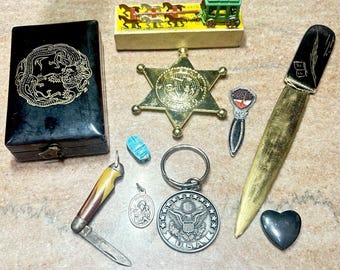 Vintage Collectibles Junk Drawer Lot Die Cast Pins Box Letter Opener Bookmark…