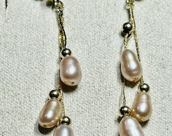14K Gold Pink Freshwater Pearl Cascade Drop Dangle Earrings 1 5/8" 1.53g
